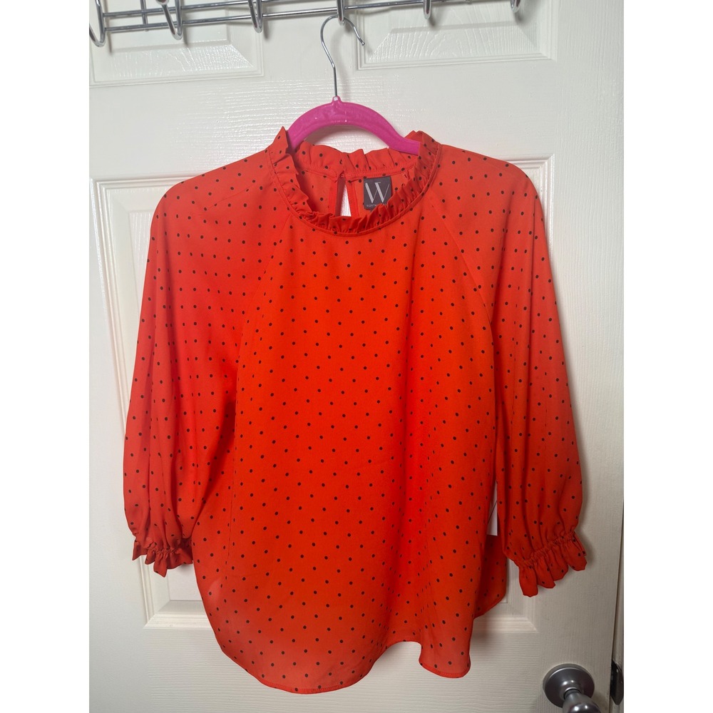 Worthington Cyber Orange Polka Dot Ruffle Neck Blouse Petite Medium